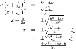 
\begin{array}{rcl}
a\left(x+\frac{b}{2a}\right)^2 &=& \frac{b^2-4ac}{4a} \\
\left(x+\frac{b}{2a}\right)^2 &=& \frac{b^2-4ac}{4a^2} \\
x+\frac{b}{2a} &=& \pm\sqrt{\frac{b^2-4ac}{4a^2}} \\
x &=& \pm\sqrt{\frac{b^2-4ac}{4a^2}} - \frac{b}{2a} \\
  &=& \pm\frac{\sqrt{b^2-4ac}}{2a} - \frac{b}{2a} \\
  &=& \frac{\pm\sqrt{b^2-4ac} - b}{2a}
\end{array}
