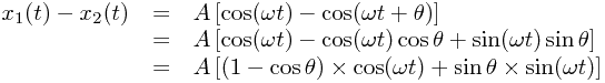 
\begin{array}{rcl}
x_1(t)-x_2(t) & = & A\left[ \cos(\omega t) - \cos(\omega t + \theta) \right] \\
& =& A\left[ \cos(\omega t) - \cos(\omega t)\cos\theta + \sin(\omega t)\sin\theta \right] \\
& =& A\left[ (1-\cos\theta)\times\cos(\omega t) + \sin\theta\times\sin(\omega t) \right]
\end{array}
